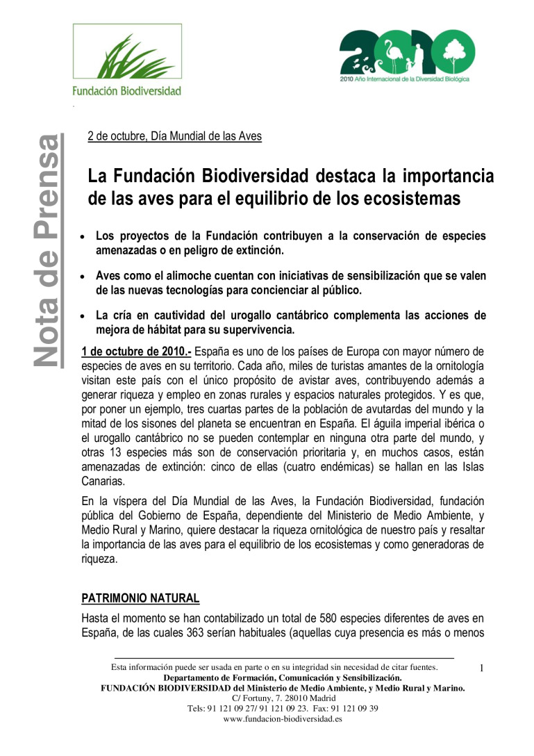 La Fundación Biodiversidad destaca la importancia de las aves para el