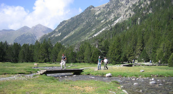 Excursionistas cruzando una pasarela sobre un arroyo, con montañas al fondo