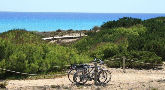 Dos bicicletas aparcadas en un sendero acotado, con el mar al fondo