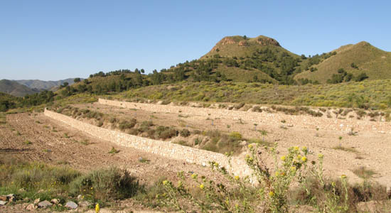 Paisaje con las pedrizas restauradas y montañas de la Reserva de Malcamino, en Mazarrón, Murcia