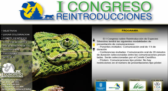 Volante propagandístico del I Congreso Ibérico de Reintroducción de Especies Silvestres, con una imagen de un camaleón como fondo