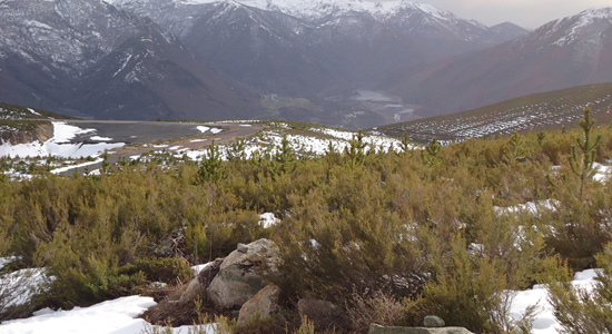 Paisaje nevado del Valle de Laciana con montañas al fondo