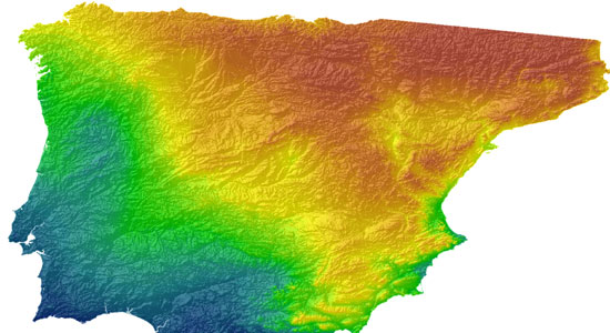 La Península Ibérica, con los colores modelizado por una aplicación informática