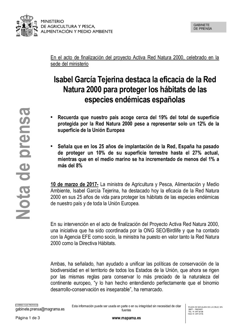 Isabel García Tejerina destaca la eficacia de la Red Natura 2000 para  proteger los hábitats de las especies endémicas españolas - Fundación  Biodiversidad