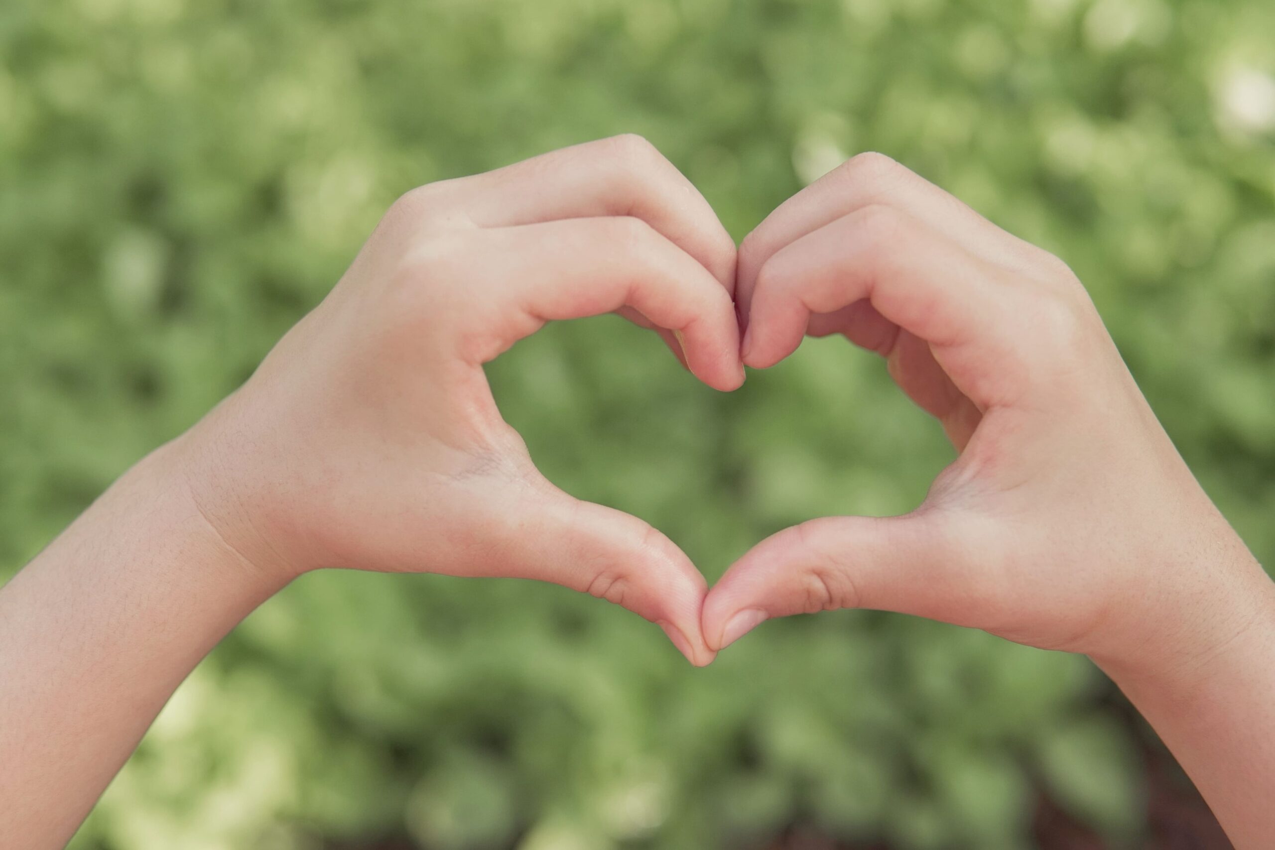 Manos haciendo forma de corazón sobre hierba verde, día mundial del medio ambiente, vida ecológica y sostenible.